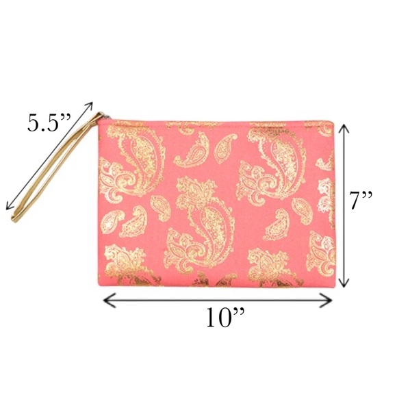 Coral Pink & Metallic Gold Pineapple Makeup Cosmetic Wristlet Clutch Bag - Picture 10 of 10